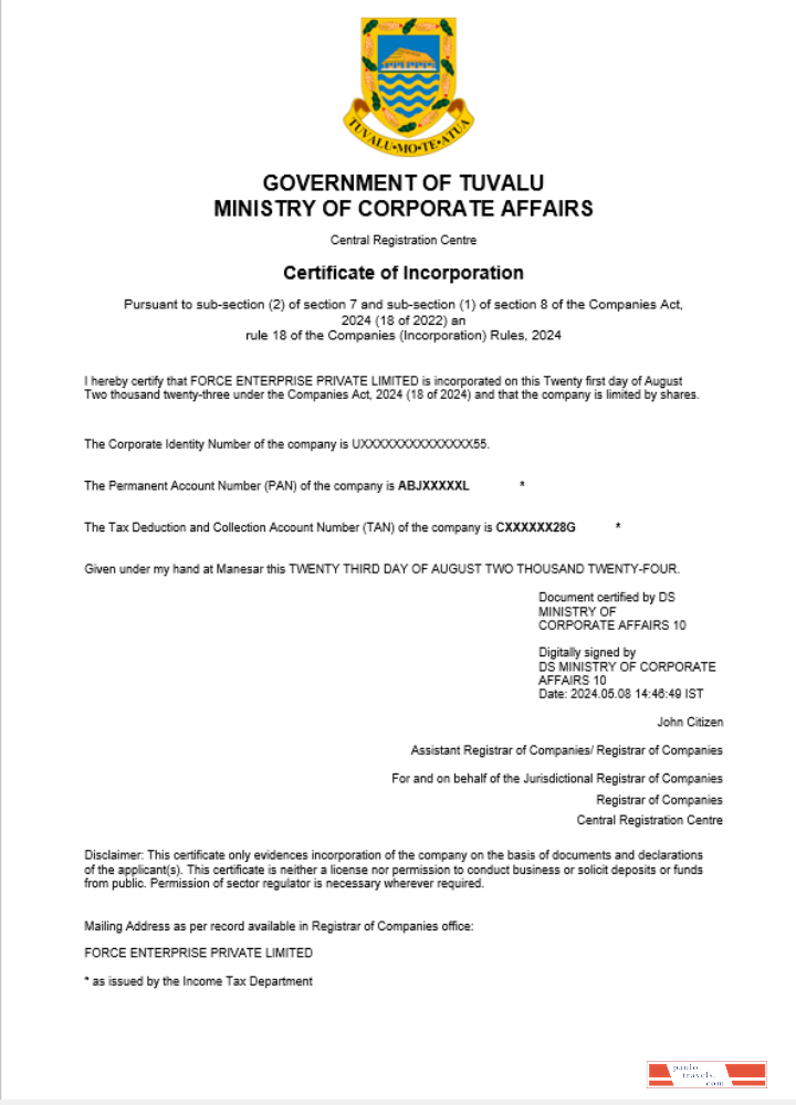 Tuvalu business registration certificate Word and PDF template
